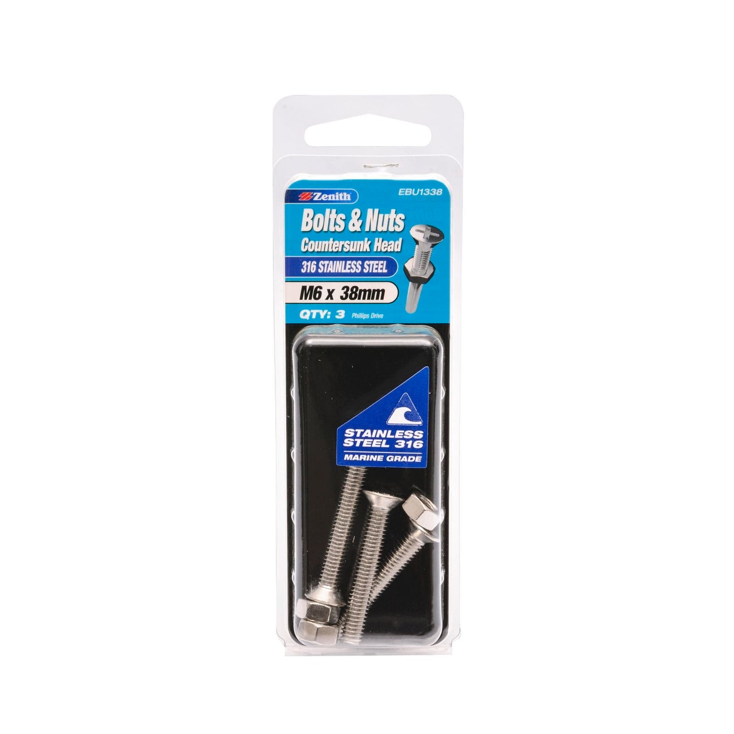 Zenith M6 x 38mm - Stainless Steel Countersunk Head Bolt & Nut - 3 Pack