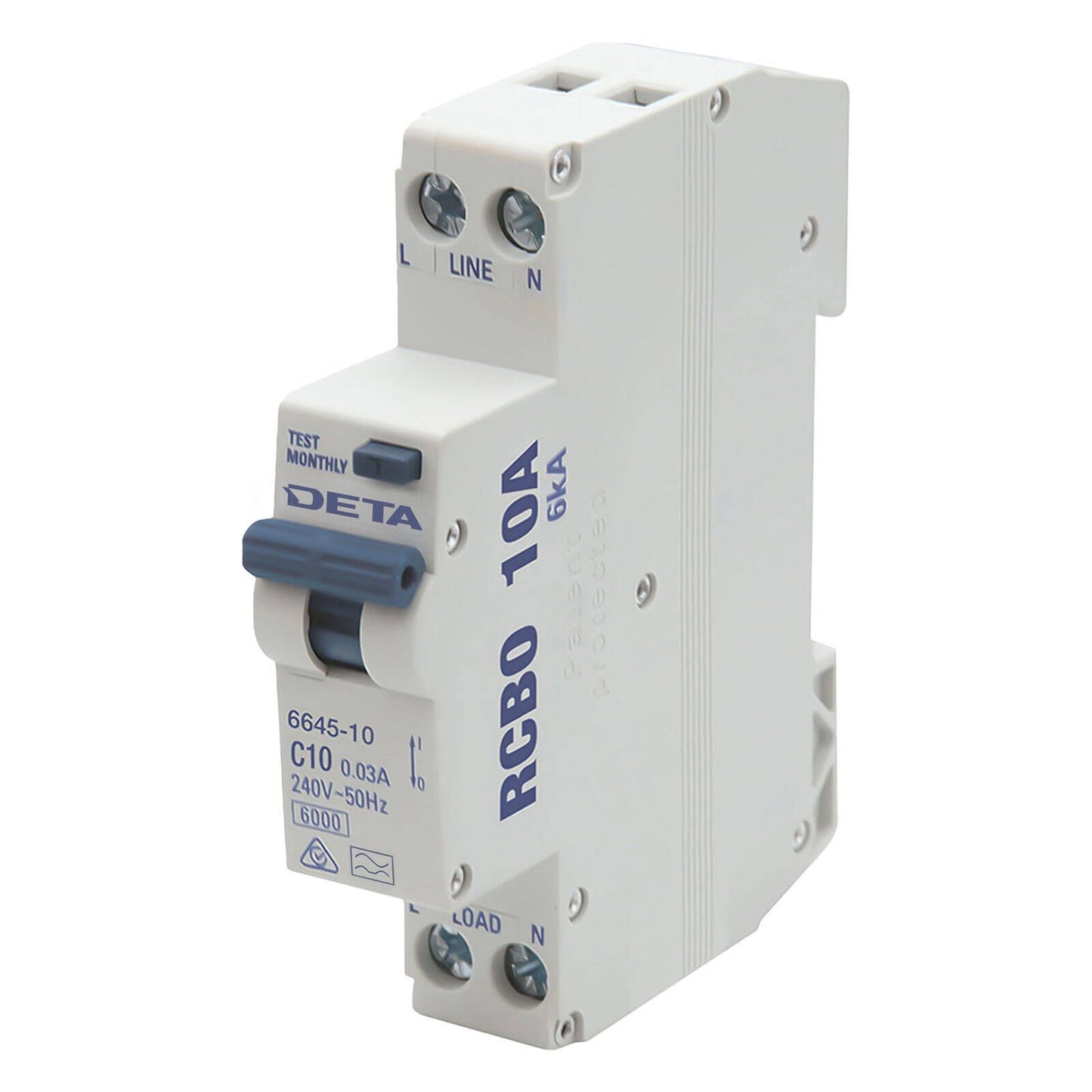 DETA Residual Circuit Breaker with Overload Protection - 10A - 18mm - 1P+N