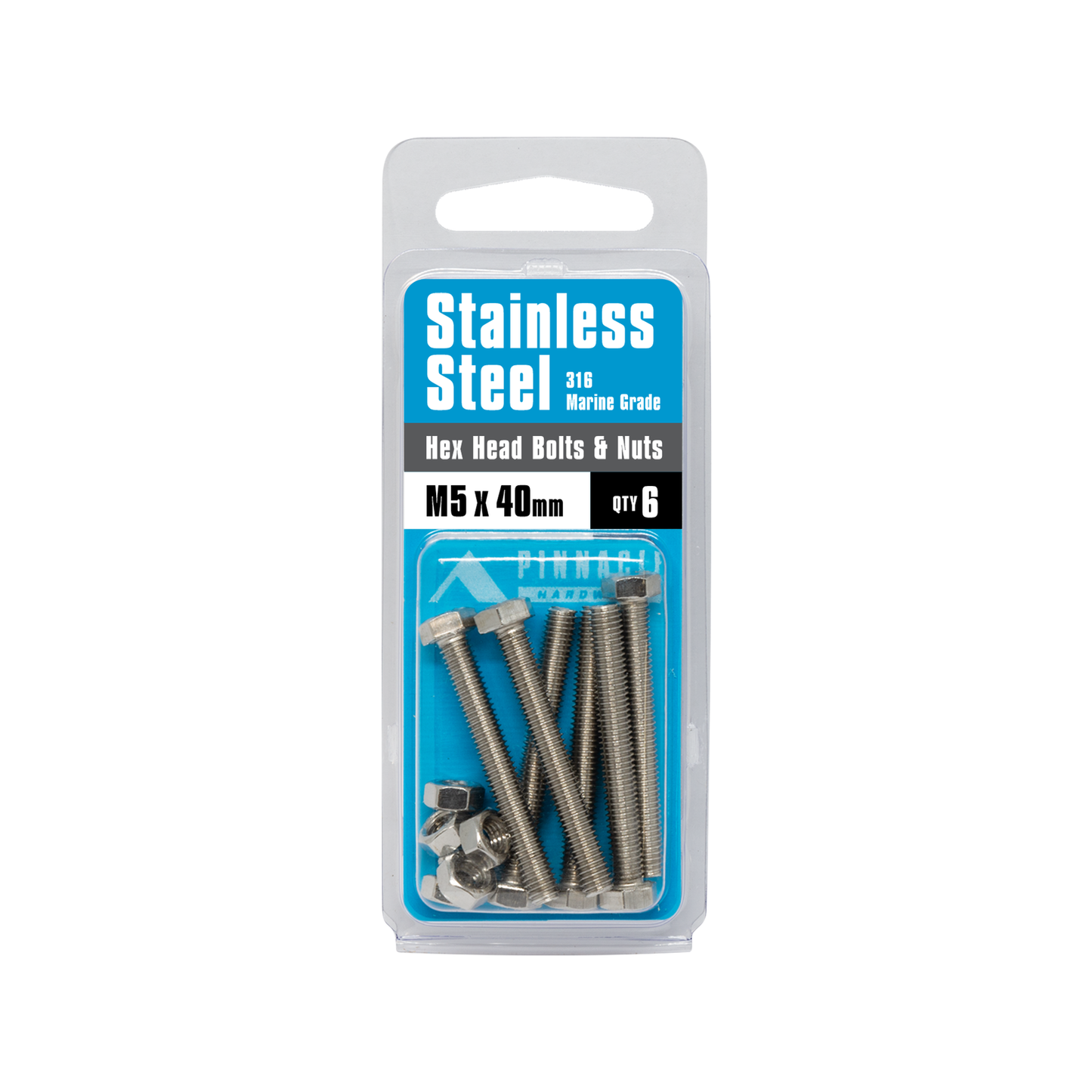 Pinnacle Hex Head Bolts - M5 x 40mm - Stainless Steel - 6 Pack