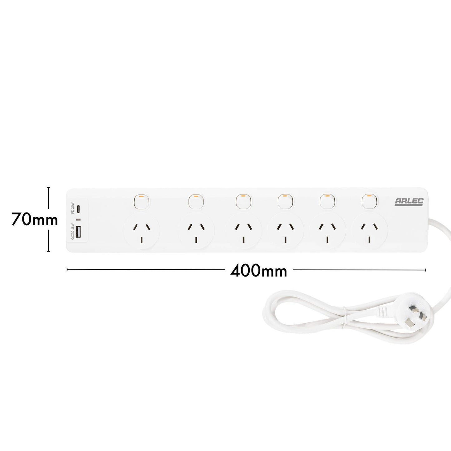 Arlec Surge Protected Powerboard - 6 Outlet - 1.8m - White