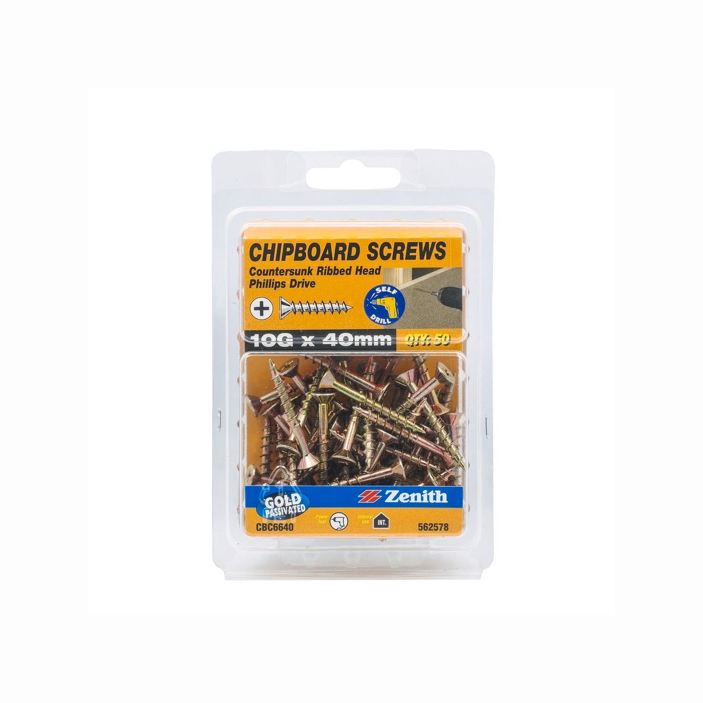 Zenith Countersunk Rib Head Chipboard Screws - 10g x 40mm - 50 Pack - Gold