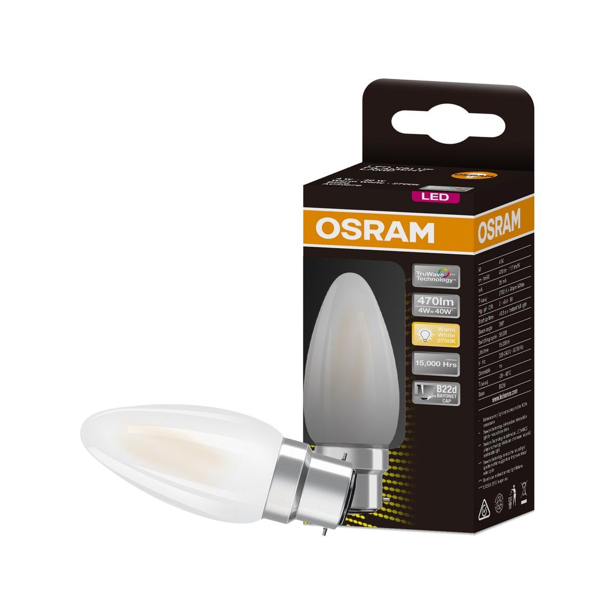 Osram 4W B22 Candle Light Globe - 470lm - 3000K Warm White - Glass