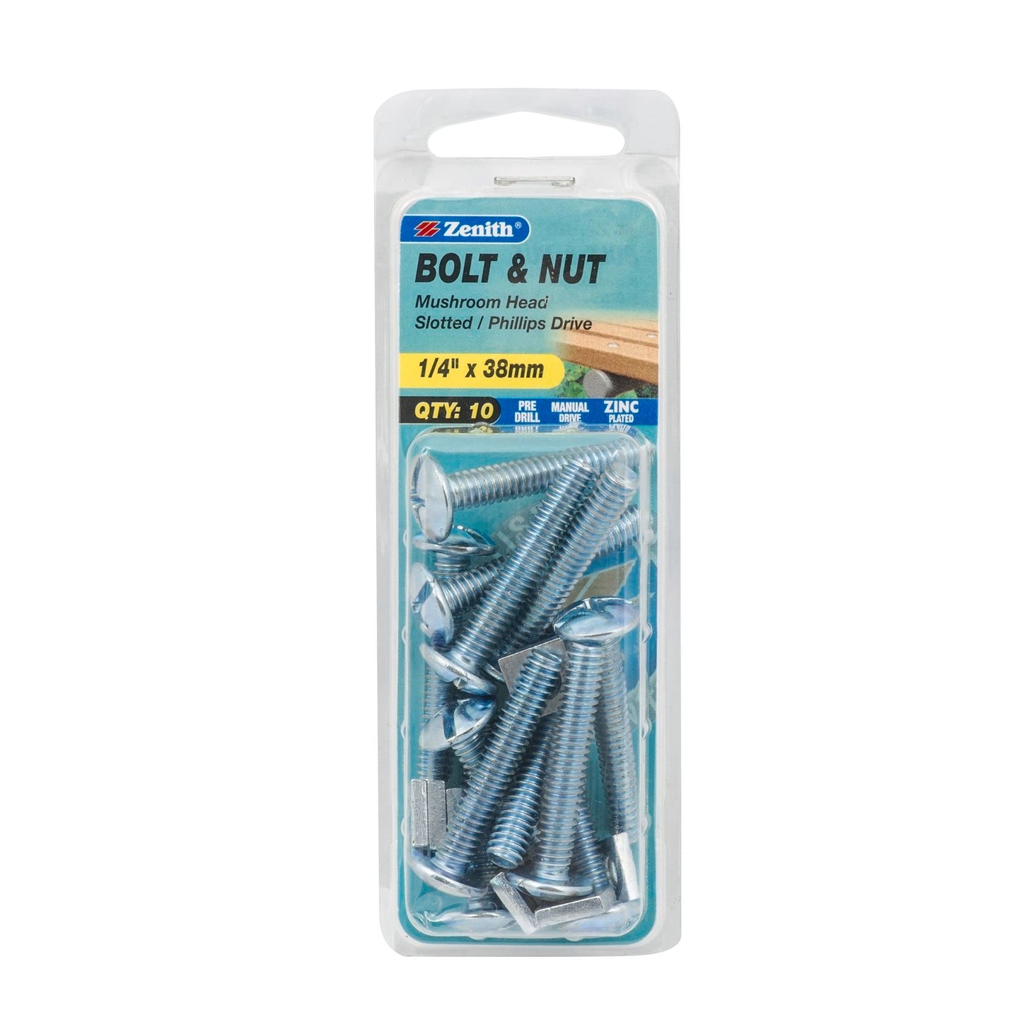 Zenith Mushroom Head Bolt & Nut - 1/4 x 38mm - 10 Pack