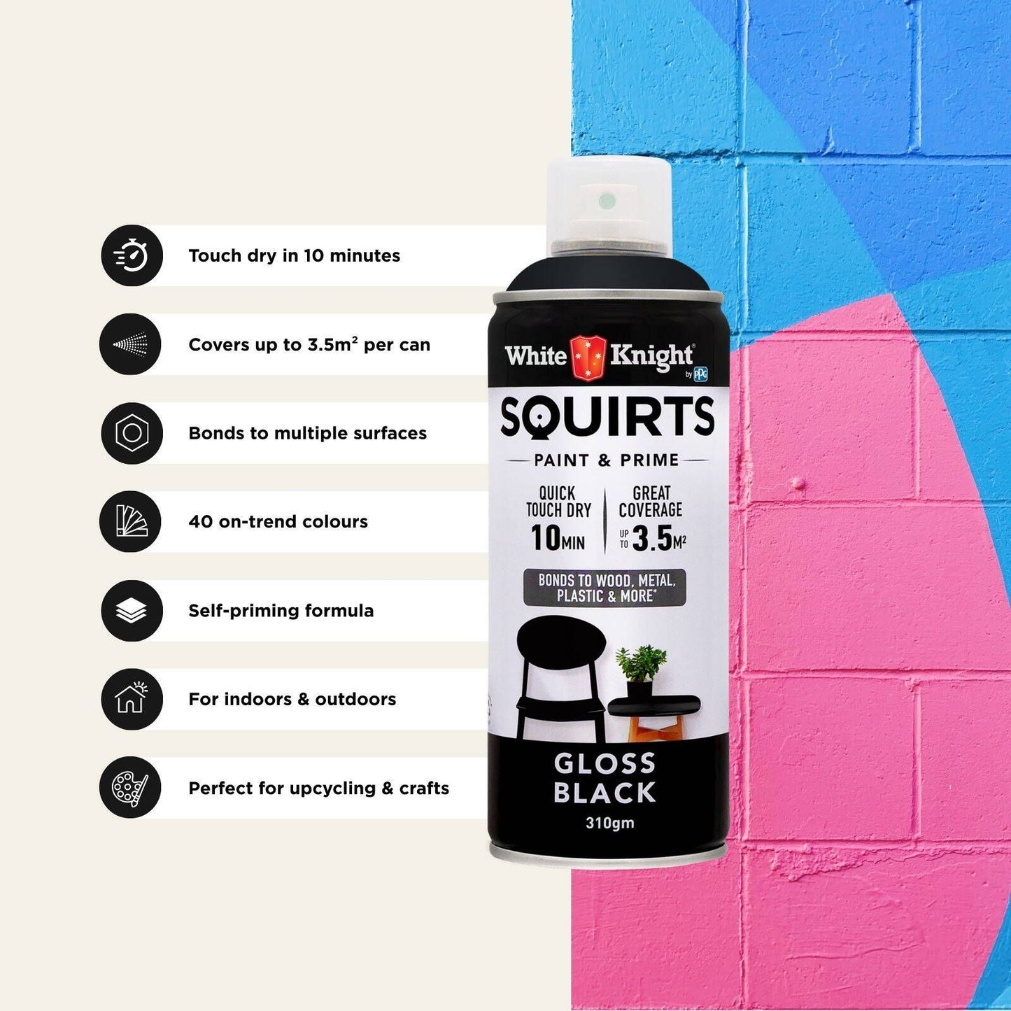White Knight Squirts Black Gloss Spray Paint - 310g
