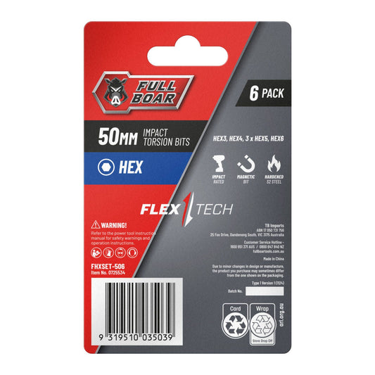 Full Boar Magnetic Impact Torsion Bit Set HEX x 50mm 6 Pack