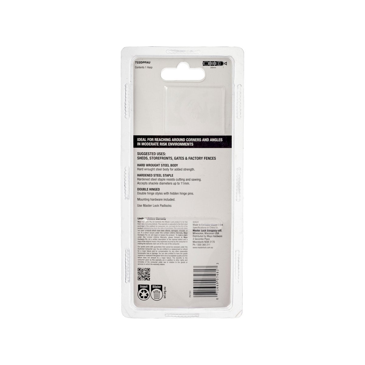 Master Lock 200mm Double Hinged Hasp - Hardened Steel - Weather Resistant