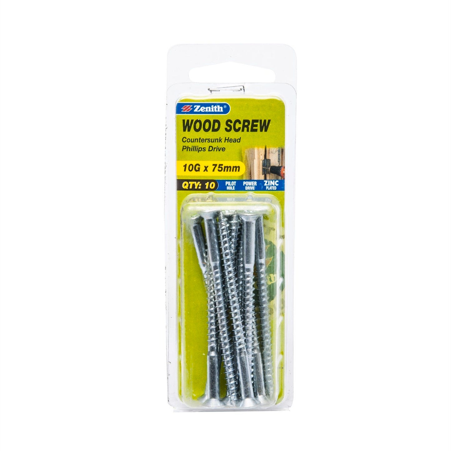Zenith Countersunk Head Wood Screw - 10g x 75mm - Zinc - 10 Pack