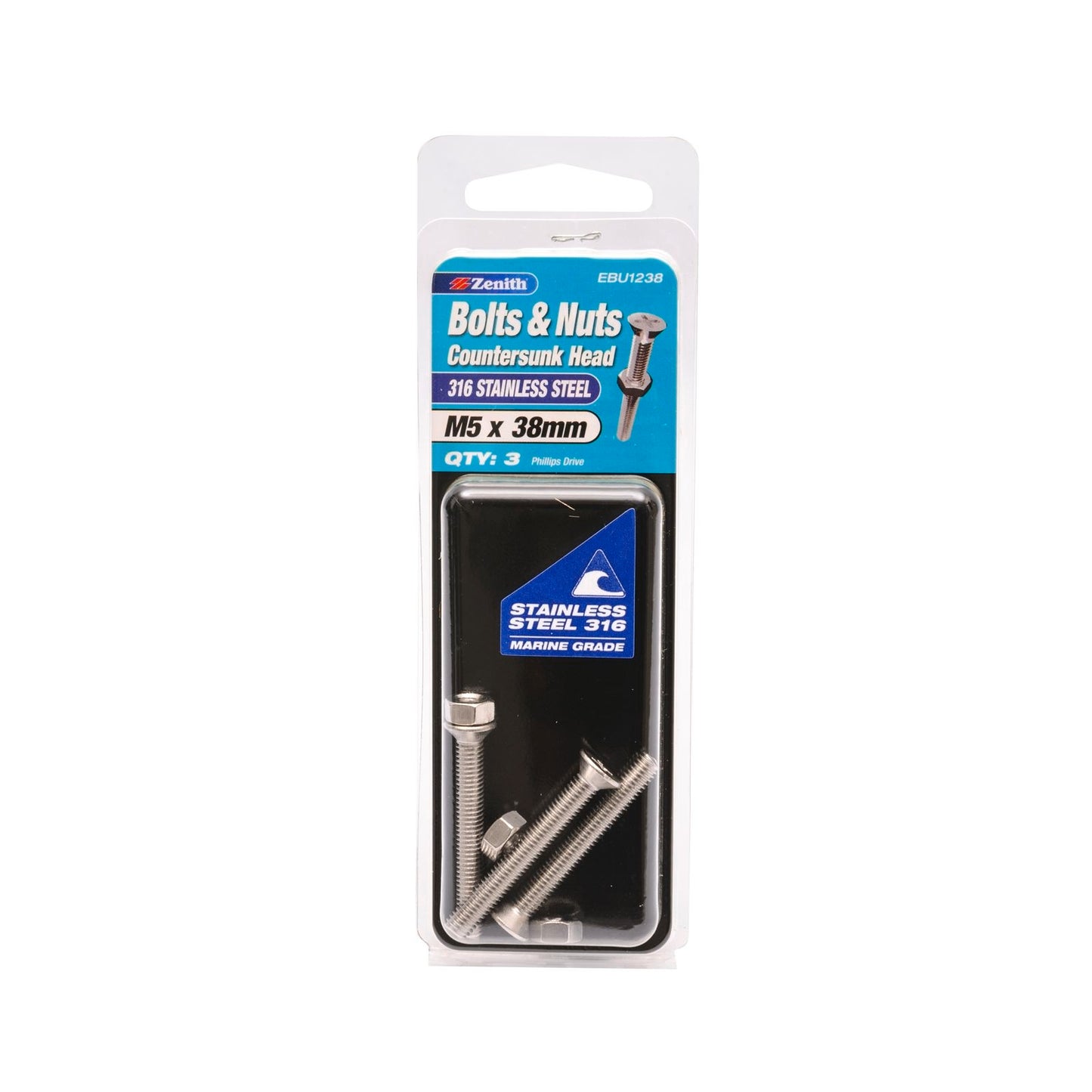 Zenith M5 x 38mm - 316 Stainless Steel Countersunk Bolt & Nut - 3 Pack