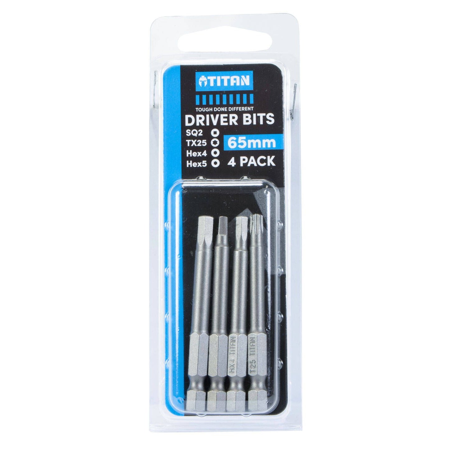 Titan Assortment Driver Bit - 65mm - SQ2,TX25,HEX4,HEX5 - 4 Pack
