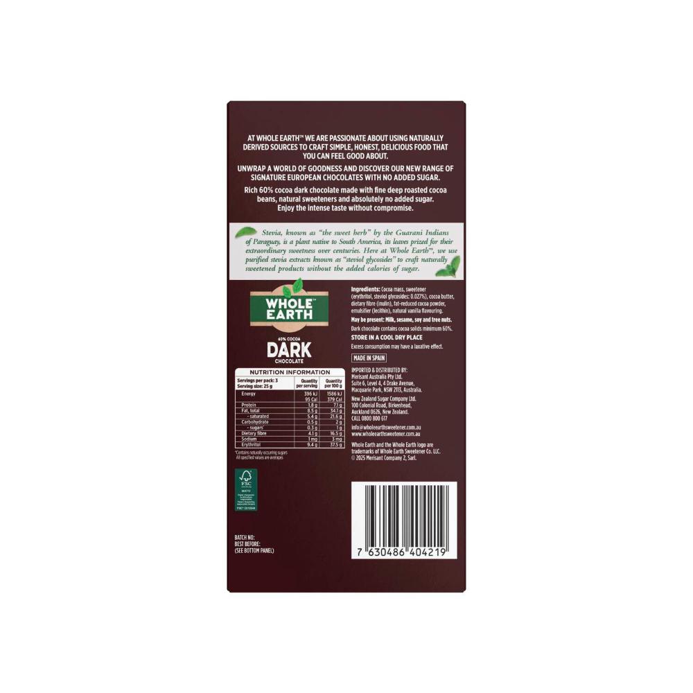 Whole Earth Natural No Sugar 60% Dark Chocolate Block - 75g