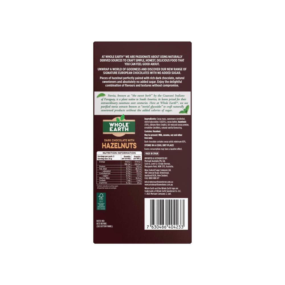 Whole Earth Natural No Sugar Dark Hazelnut Chocolate Block - 75g