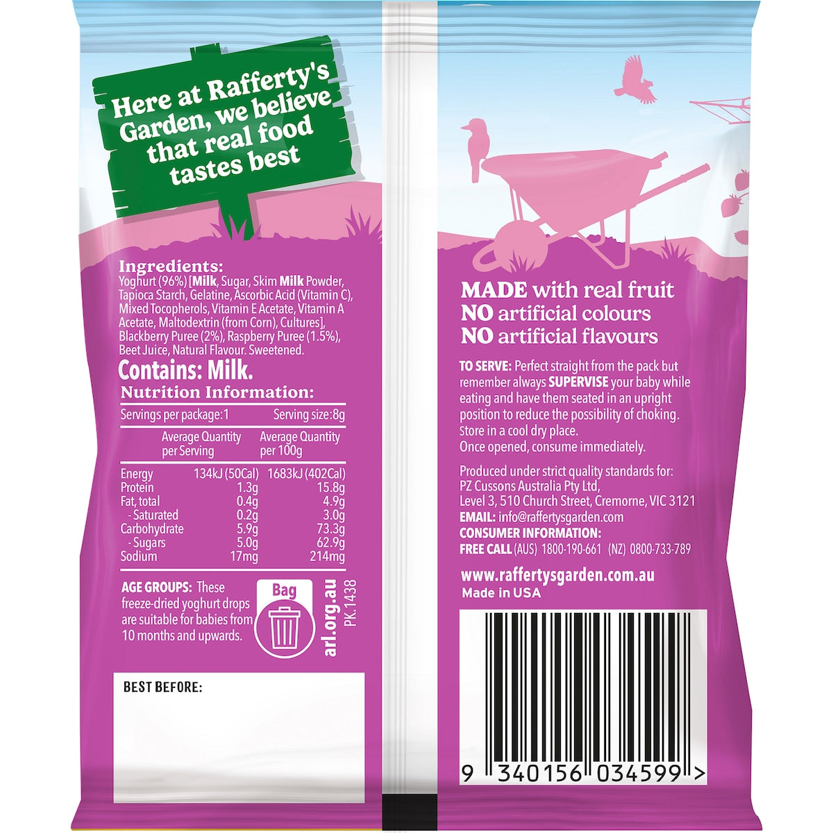 Raffertys Garden Mini Yoghurt Drops Raspberry & Blackberry 8g