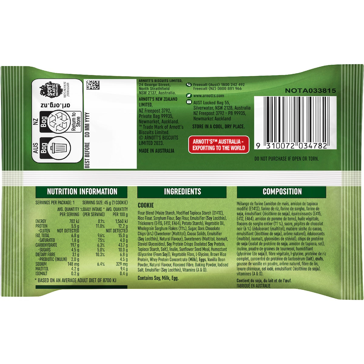 Arnotts Snack Right + Protein Brekkie Cookie Choc Chip 135g