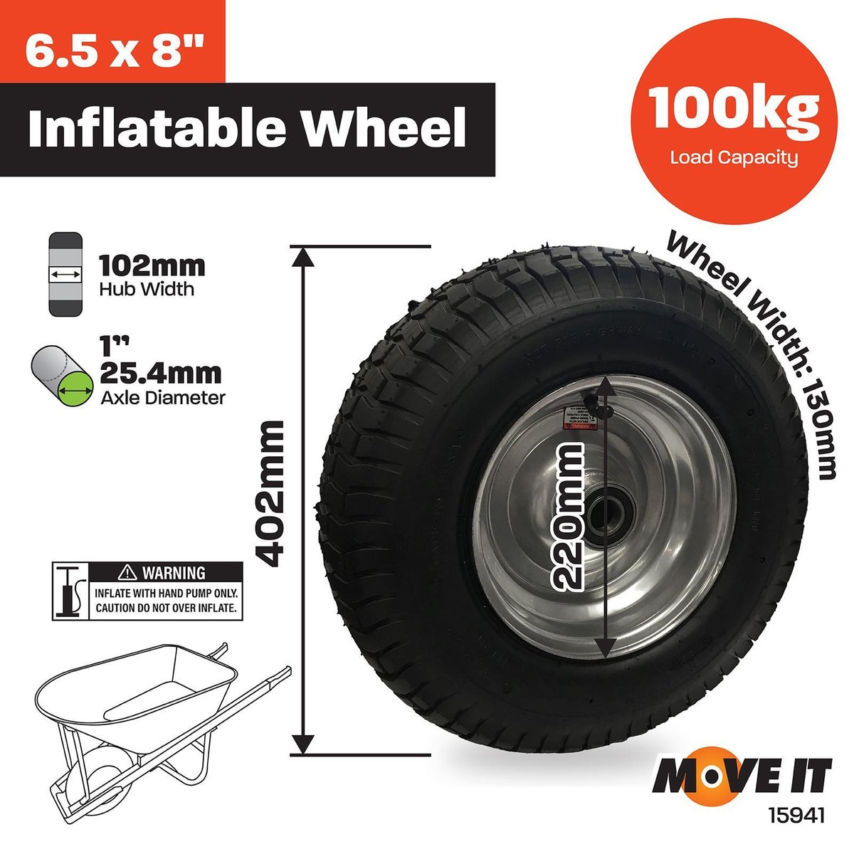 Move It Pneumatic Wheel 6.5 x 8 Steel Hub Durable Shock Absorbing