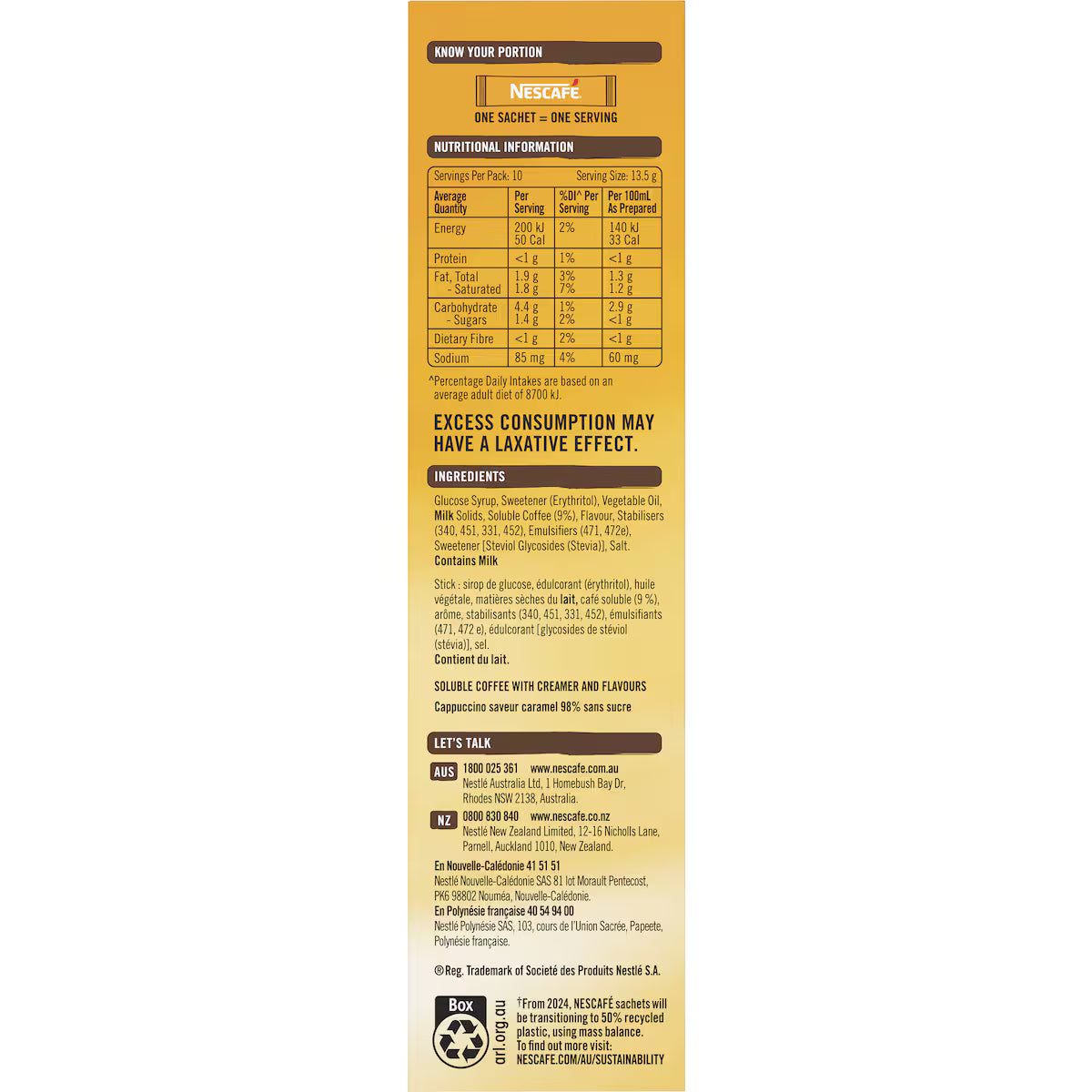 Nescafe 98% Sugar Free Caramel Latte Coffee Sachets | 10 Pack