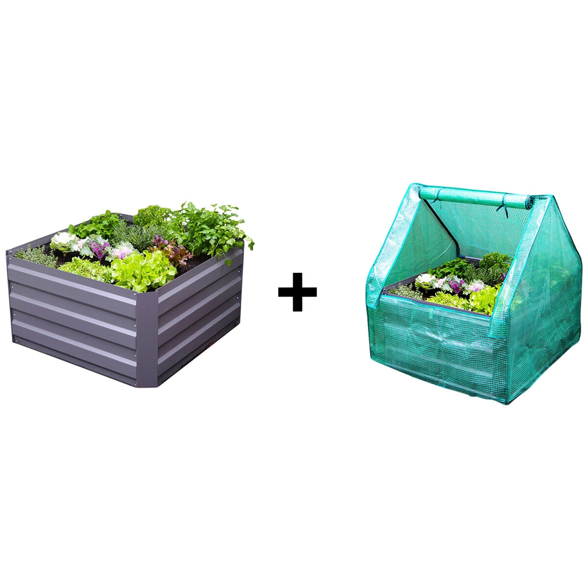 Greenlife Raised Garden Bed Slate Grey With Drop Over Greenhouse 85 x 85 x 45 cm