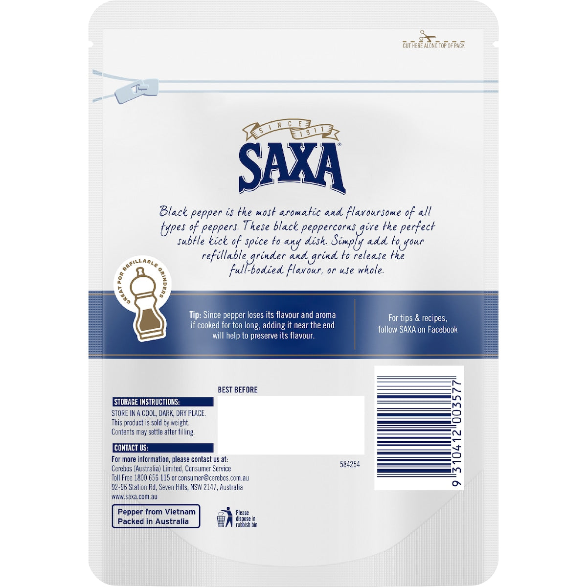Saxa Black Whole Peppercorns Pepper 190g