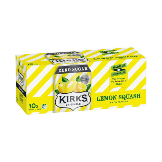 Kirks Lemon Squash Zero Sugar Soft Drink Multipack Cans 375ml - 10 Pack
