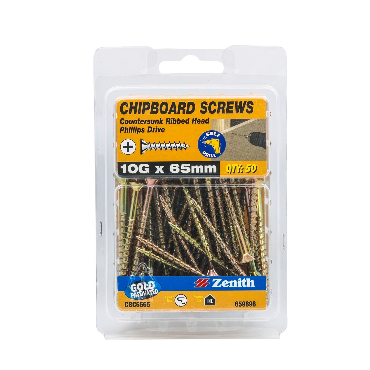 Zenith Gold Passivated Chipboard Screws - 10g x 65mm - 50 Pack