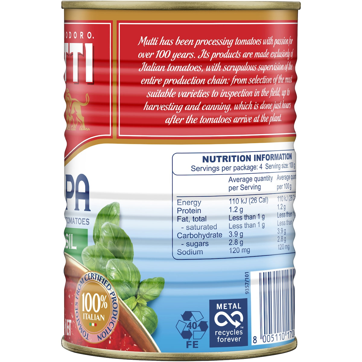 Mutti Polpa Finely Chopped Tomatoes With Basil 400g