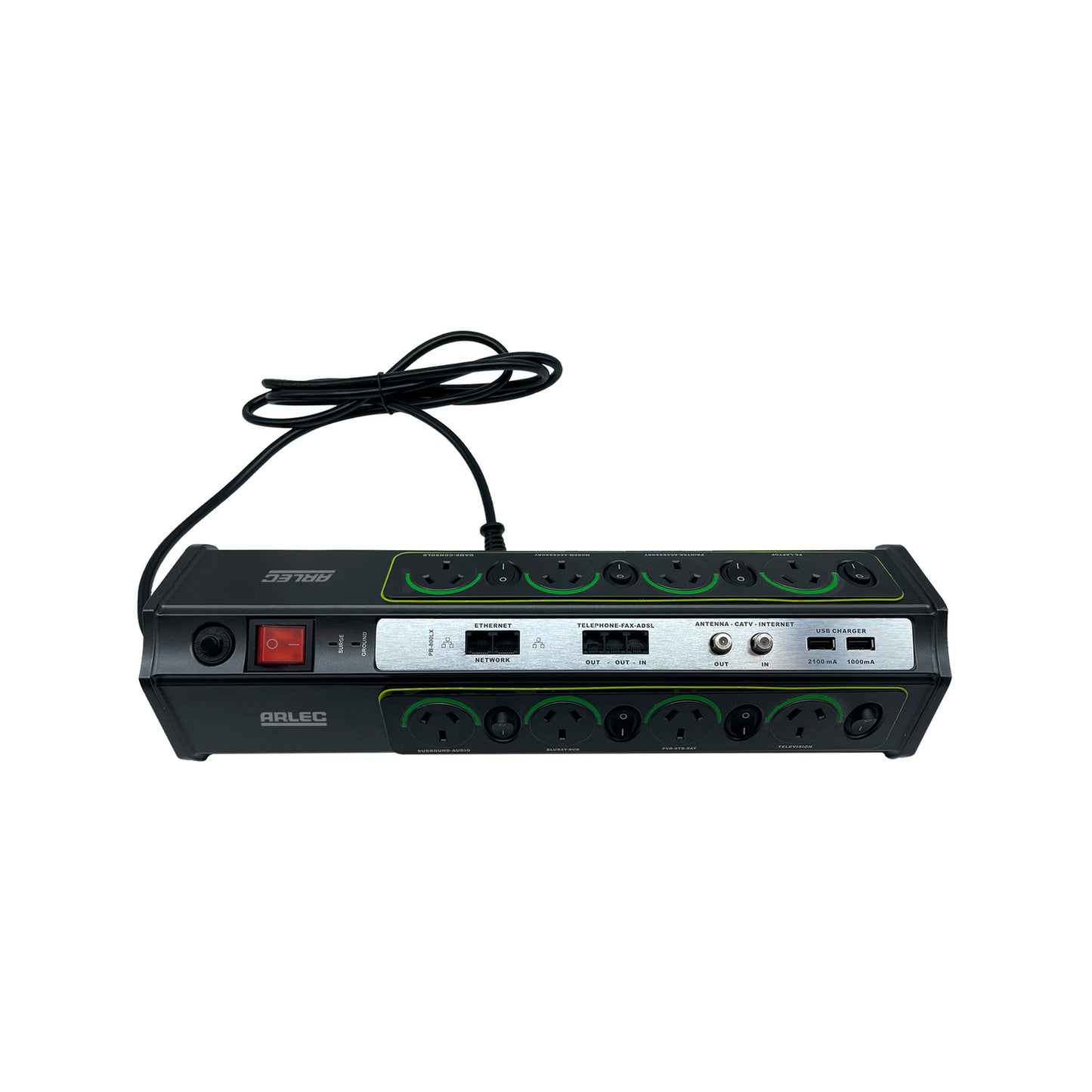 Arlec 8 Outlet Powerboard With USB and Coax Surge Protection