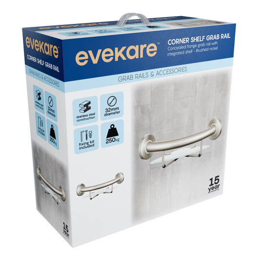 Evekare Brushed Nickel Corner Shelf with Grab Rail - 270 x 120mm