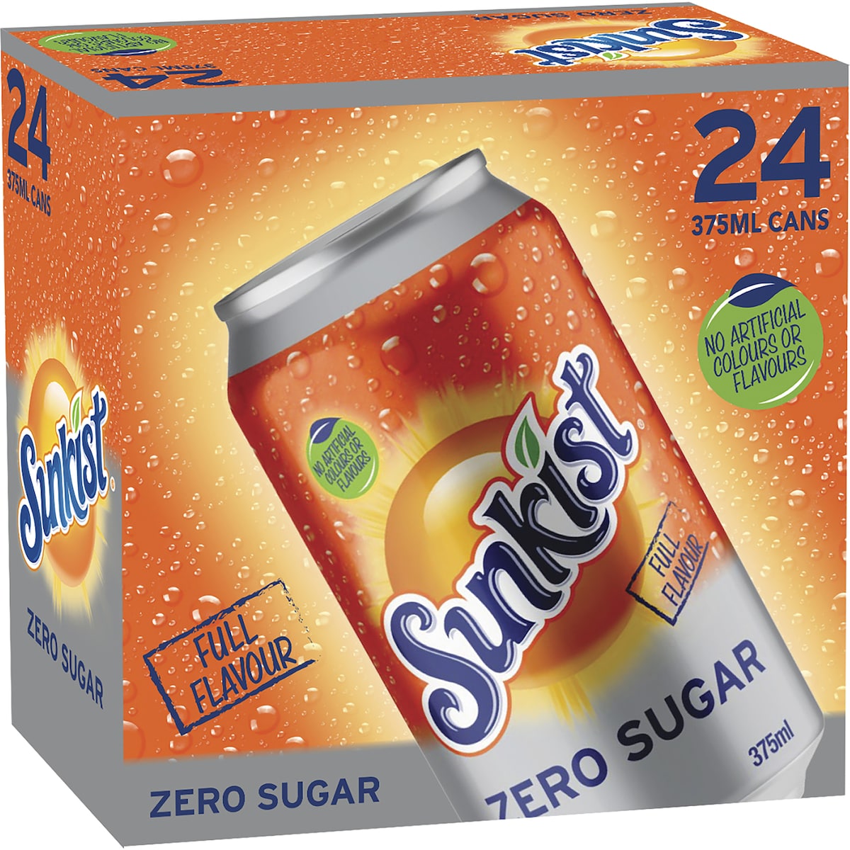 Sunkist Zero Sugar Orange Soft Drink Cans 375ml X 24 Pack