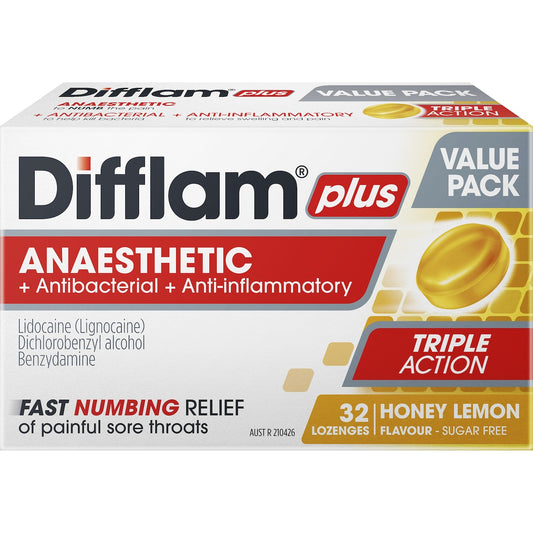 Difflam Plus Anaesthetic Sore Throat Lozenges Honey & Lemon 32 Pack
