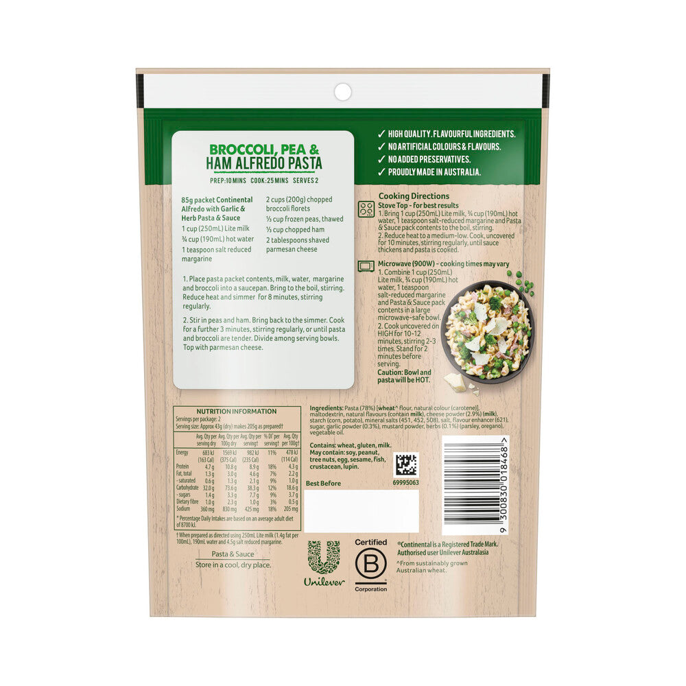 Continental Alfredo Garlic & Herb Pasta & Sauce Serves 3 - 85g
