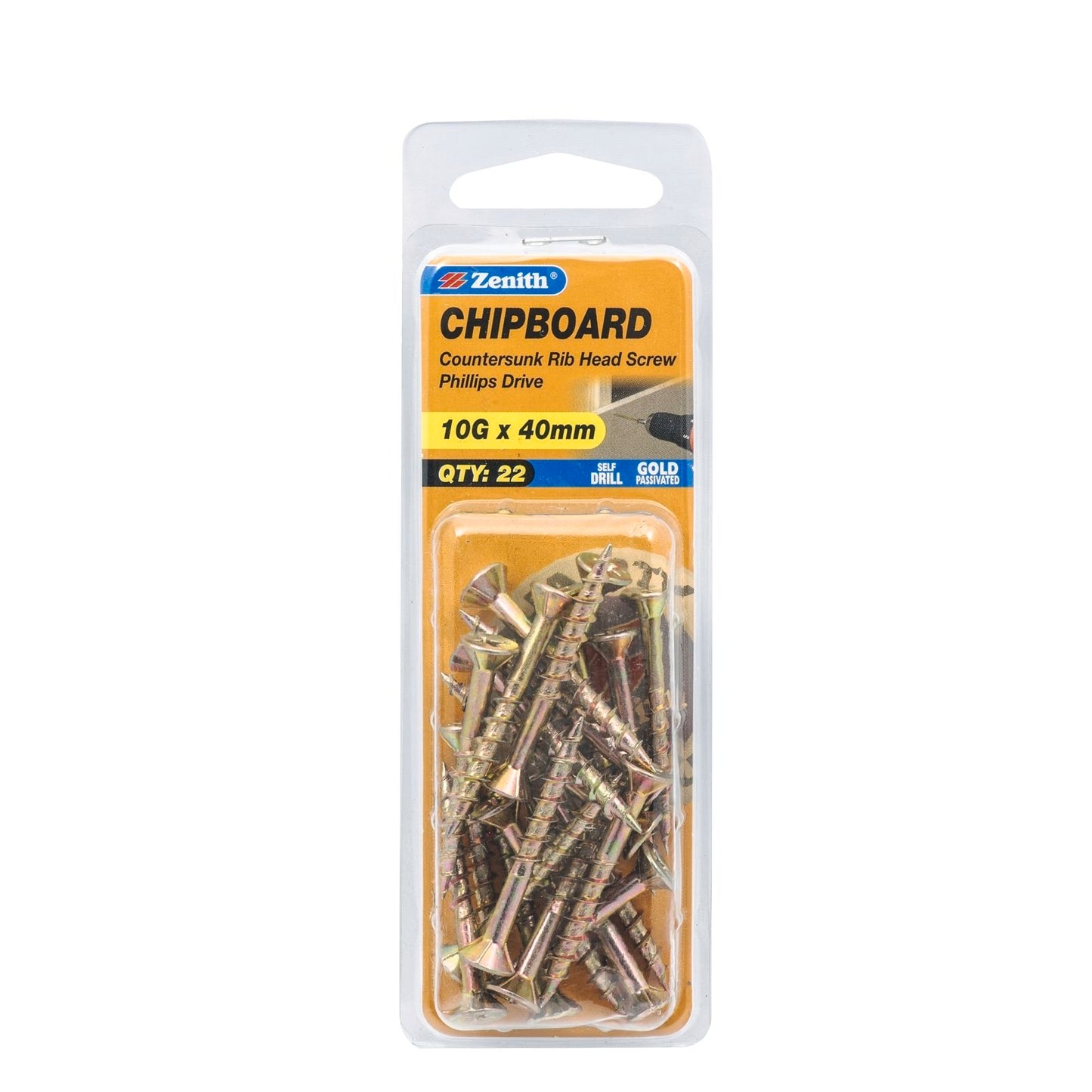 Zenith Countersunk Rib Head Chipboard Screws - 10g x 40mm - 22 Pack - Yellow