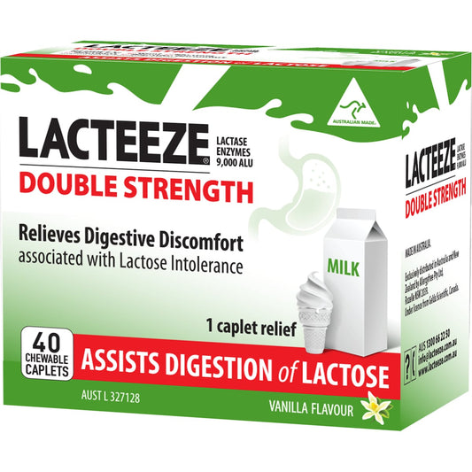 Lacteeze Double Strength Chewable Caplets Vanilla Flavour 40 Pack