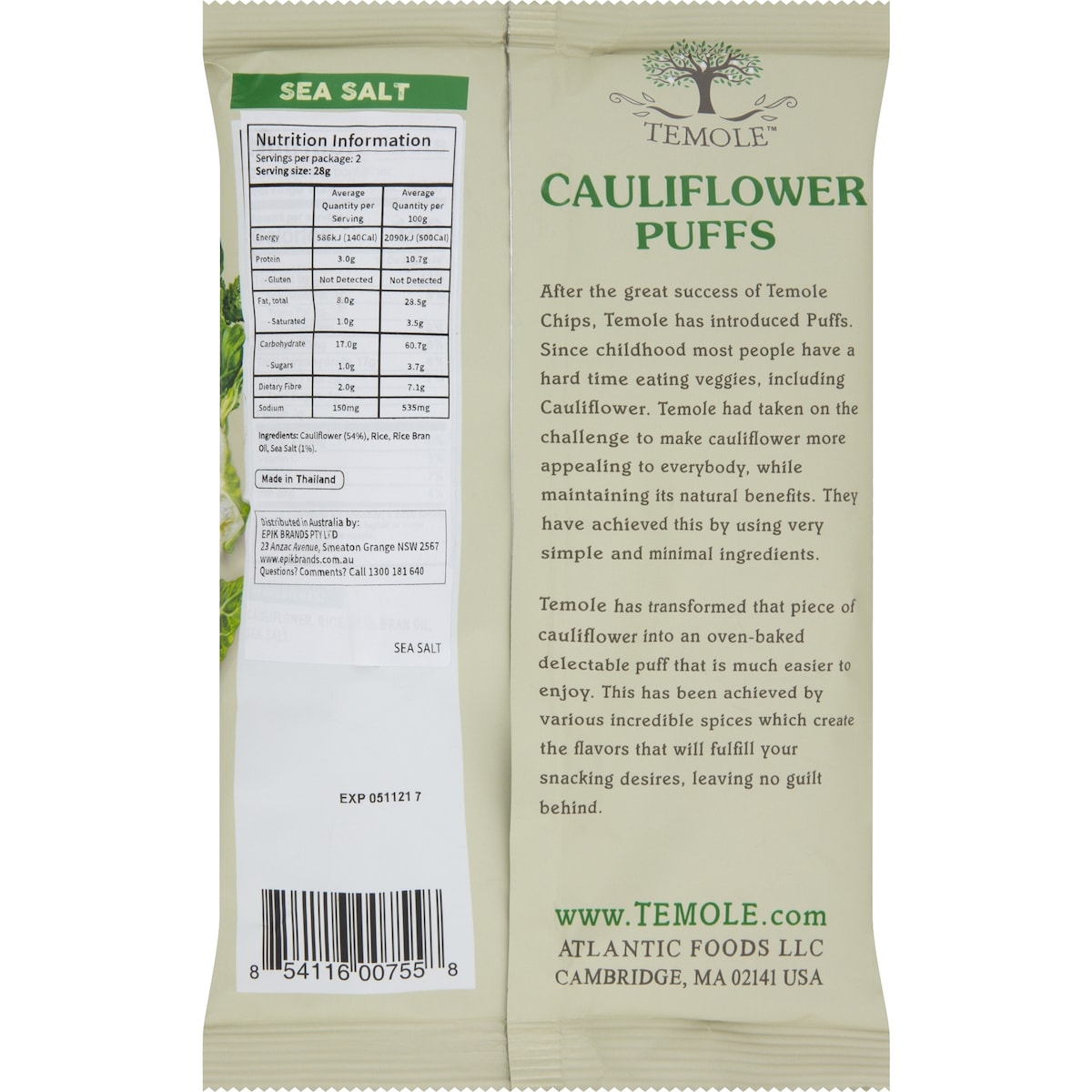 Temole Cauliflower Puffs Sea Salt 56g
