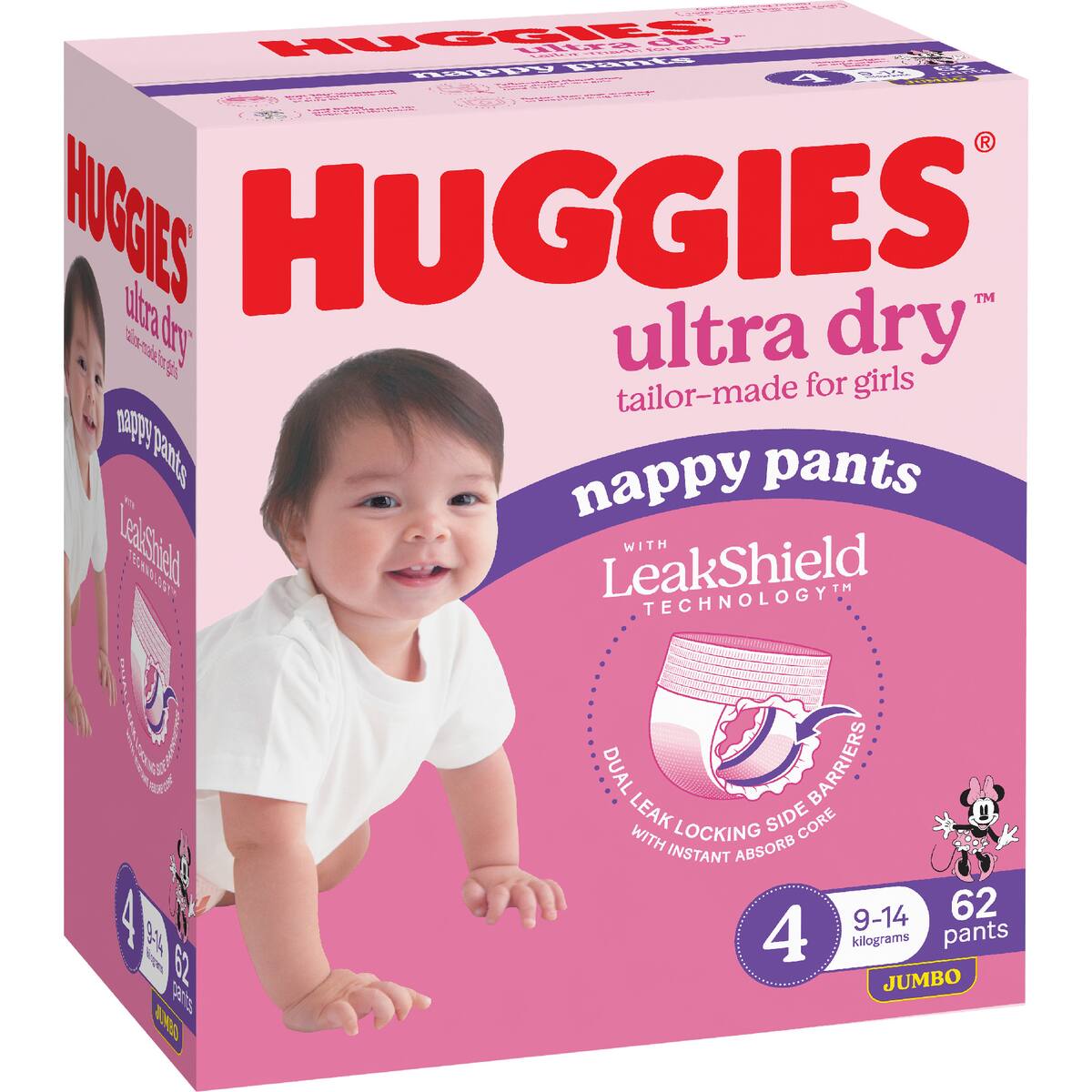 Huggies Ultra Dry Nappy Pants Girls Size 4 (9-14kg) 62 Pack