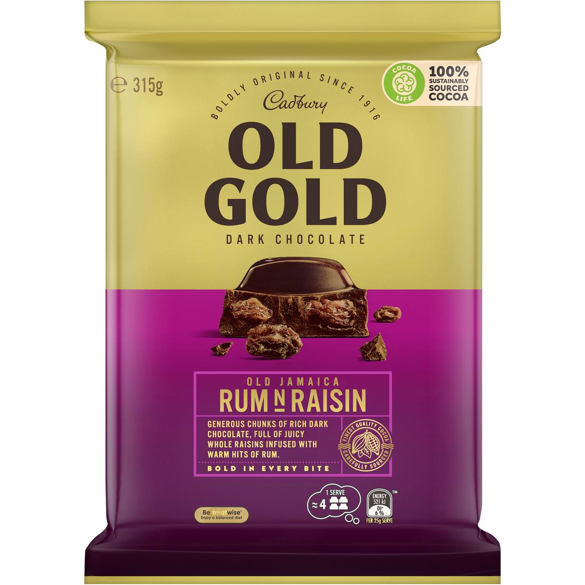 Cadbury Old Gold Jamaica Rum N Raisin Dark Chocolate Block Large 315g