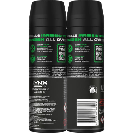 Lynx Deodorant Body Spray Africa 200ml X 2 Pack