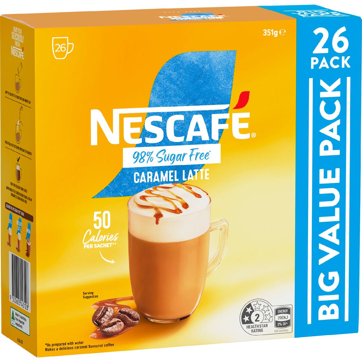 Nescafe 98% Sugar Free Caramel Latte Coffee Sachets 26 Pack