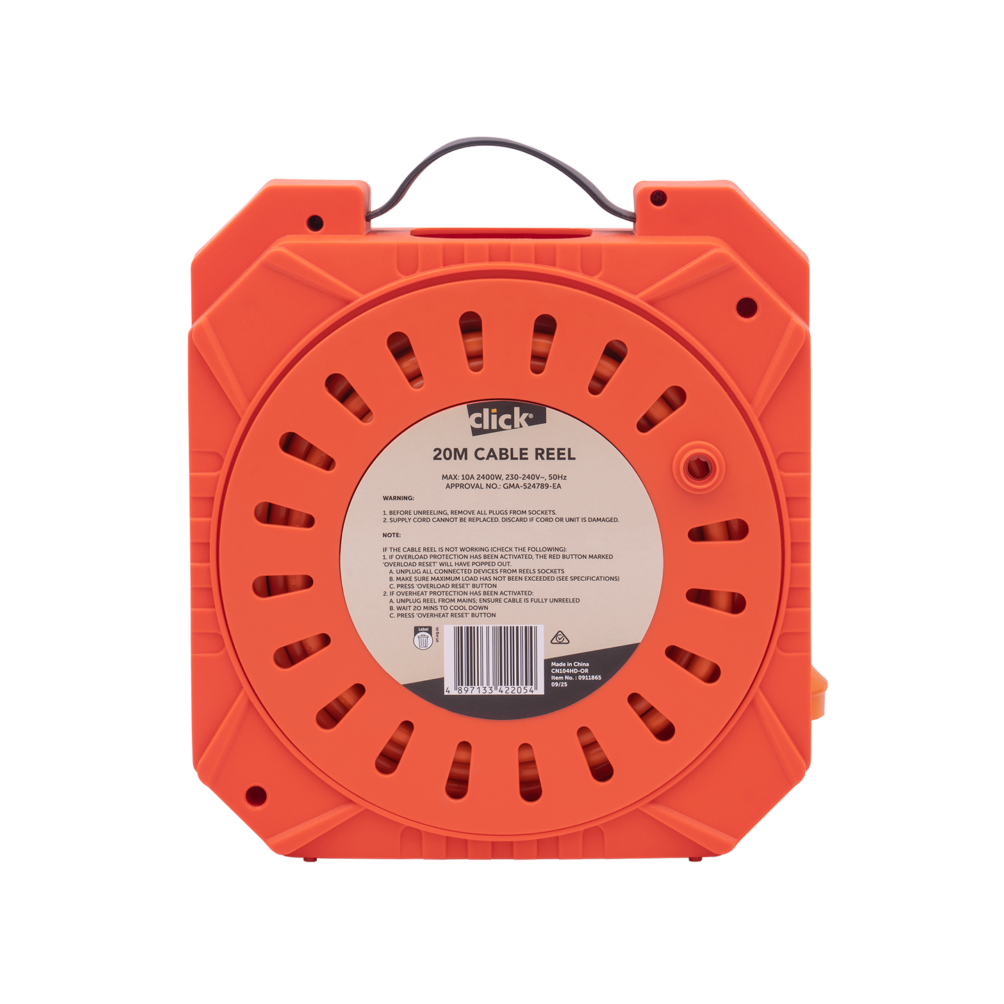 Click Heavy Duty Orange and Grey Cable Reel - 20m - 4 Outlet