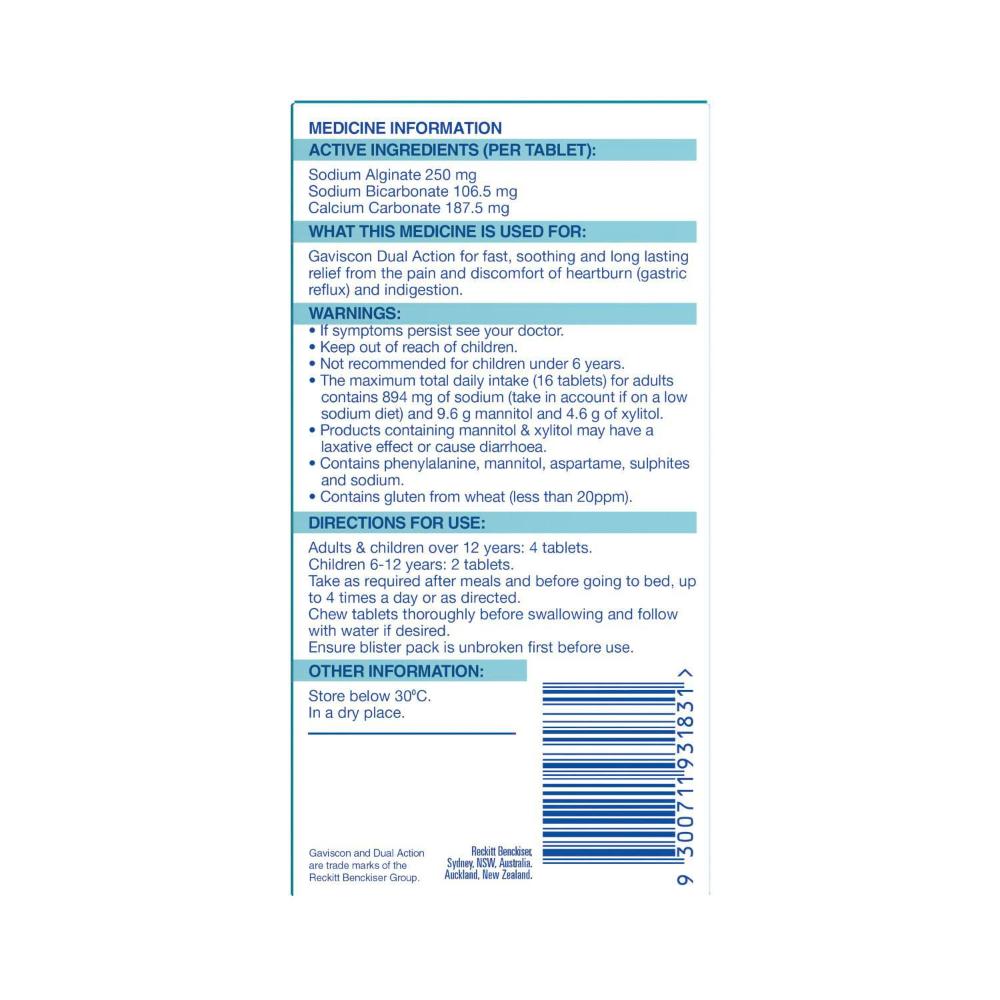 Gaviscon Chewable Tablets Heartburn and Indigestion Relief Peppermint - 32 pack