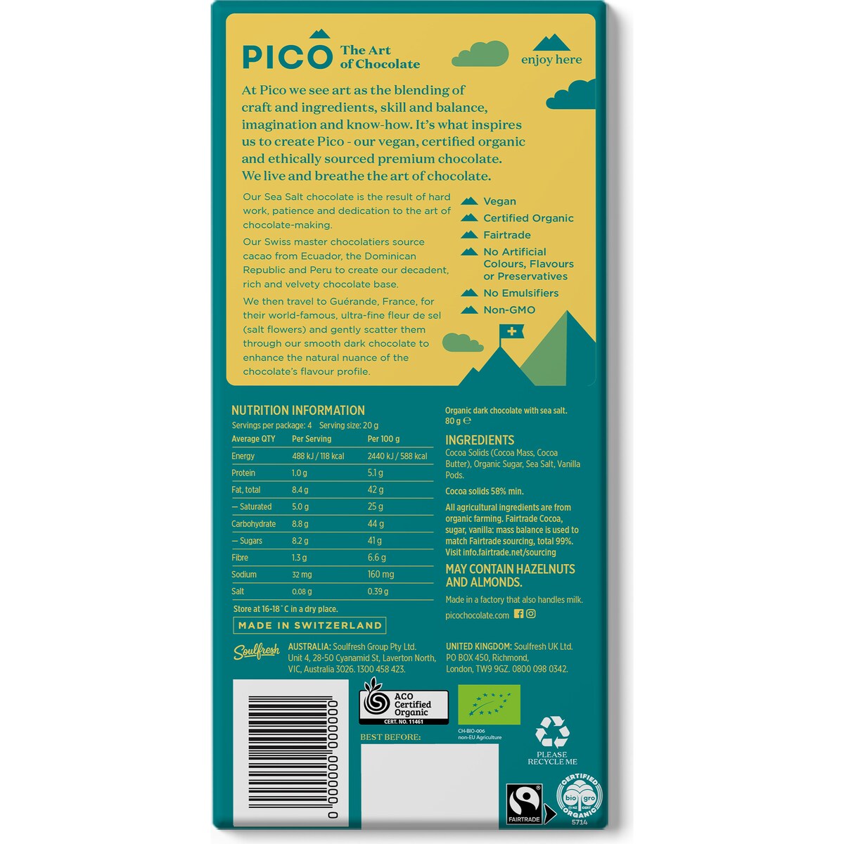 Pico Organic Vegan Chocolate Sea Salt 80g