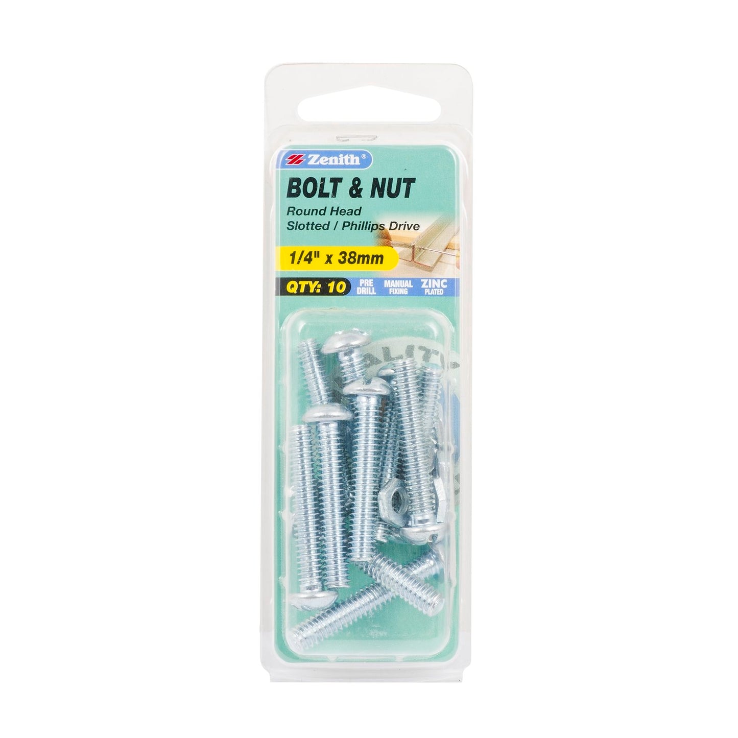 Zenith Round Head Bolt & Nut - 1/4 x 38mm - 10 Pack