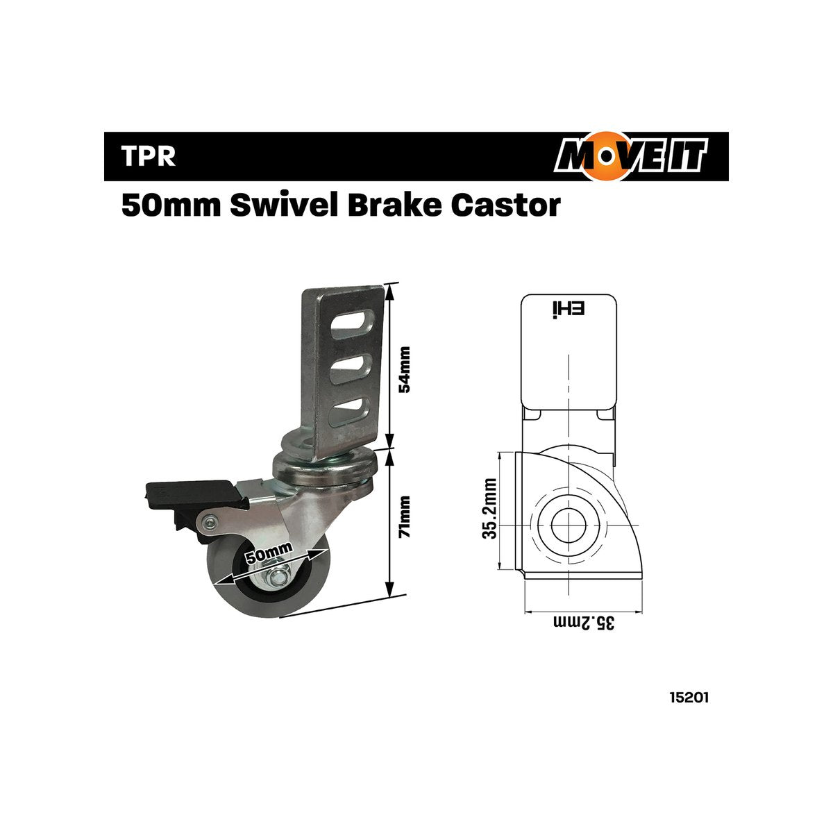 Move It 50mm TPR Swivel Brake Angle Plate Castor 2 Pack 40kg