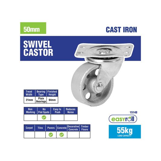 Easyroll Castor - 50mm - Cast Iron - High Load Capacity