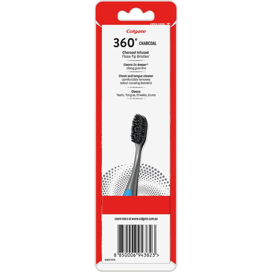 Colgate Toothbrush 360 Charcoal Floss Tip Bristles Soft 3 Pack