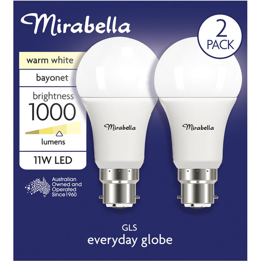 Mirabella LED GLS BC 11W 1000lm Warm White 2 pack