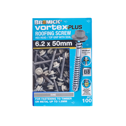 Bremick Vortex Plus Roofing Screw - 6.2 x 50mm - Hex B8 - Dune - 100 Pack