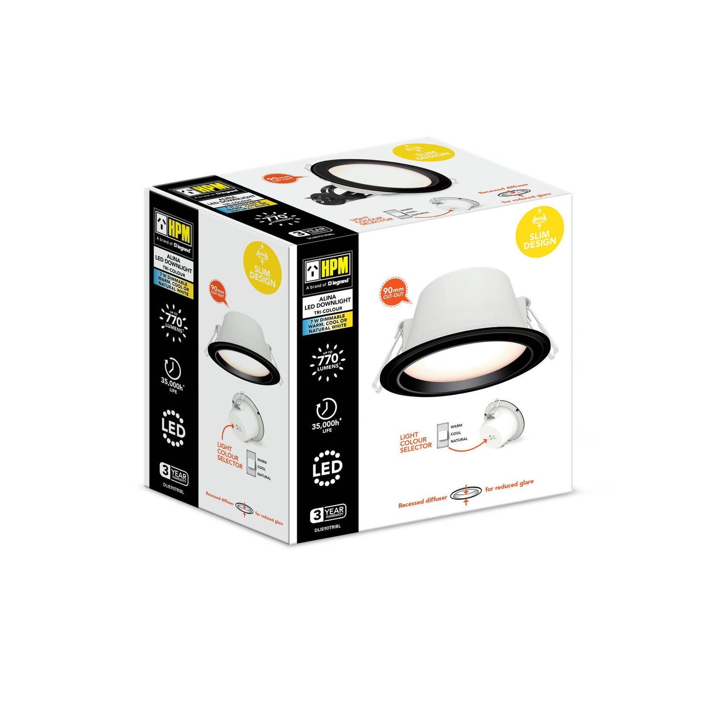 HPM Alina LED Downlight - 7W - 90mm - Black - Tri Colour