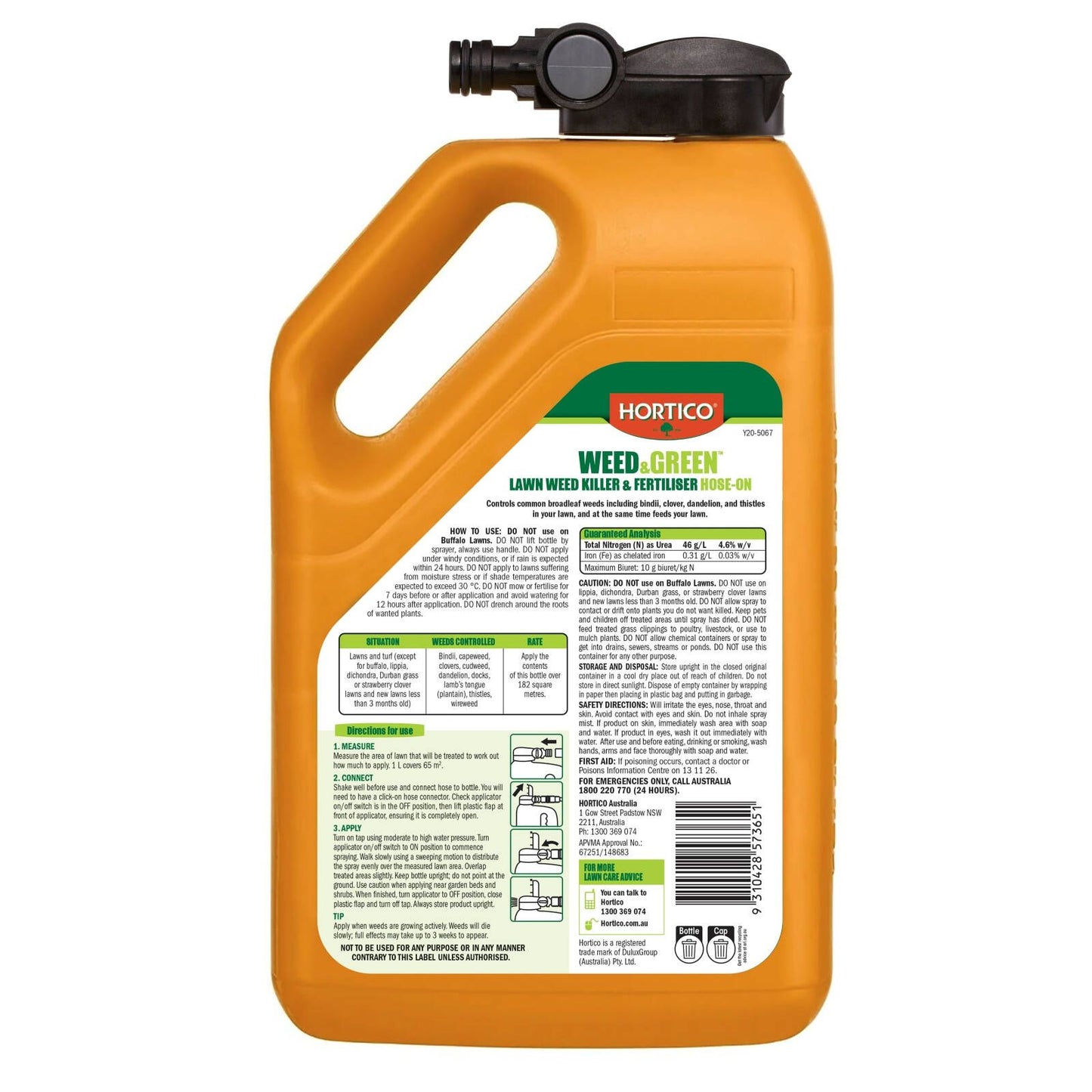 Hortico Weed & Green Lawn Weed Killer & Fertiliser - Hose On - 2.8L
