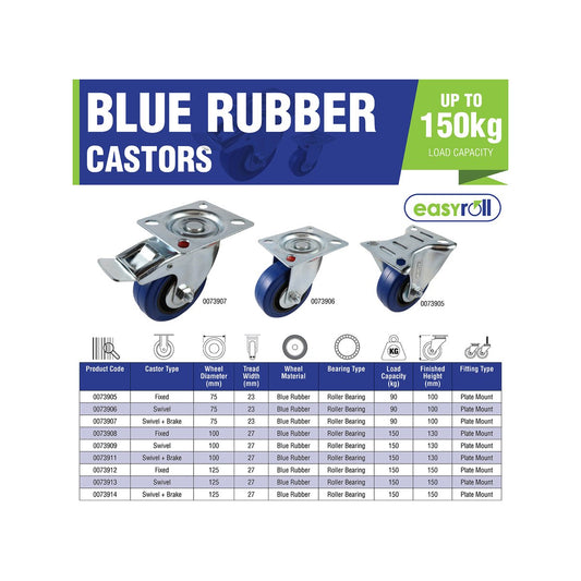 Easyroll Fixed Castor - 75mm - Blue Elastic Rubber - Non-Marking