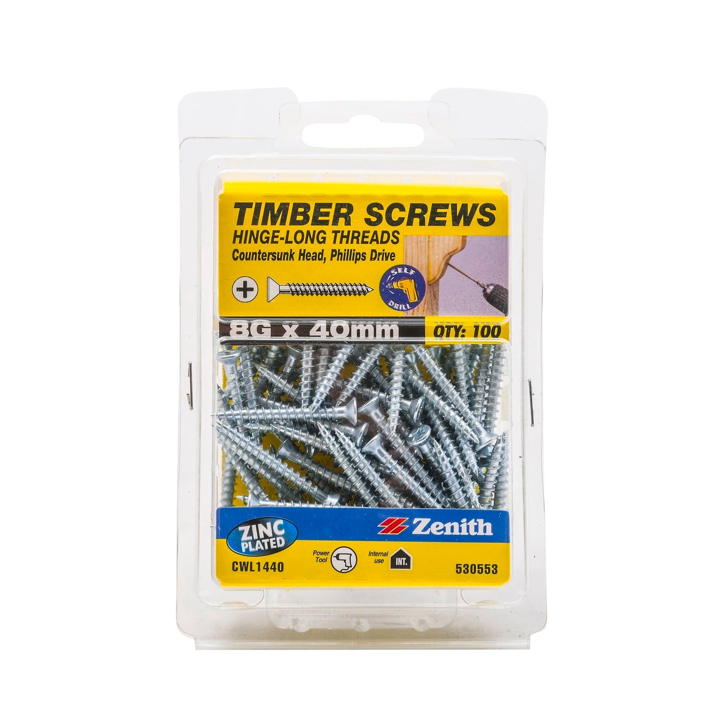 Zenith Hinge Long Thread Screws - 8g x 40mm - Zinc - 100 Pack