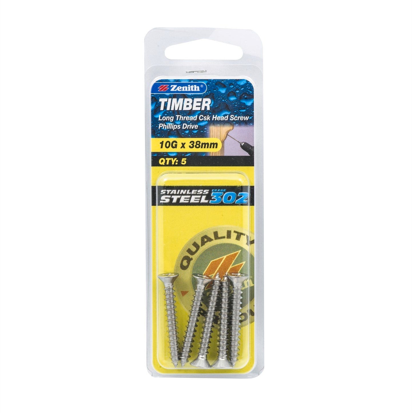 Zenith Timber Screws - 10g x 38mm - Stainless Steel - 5 Pack